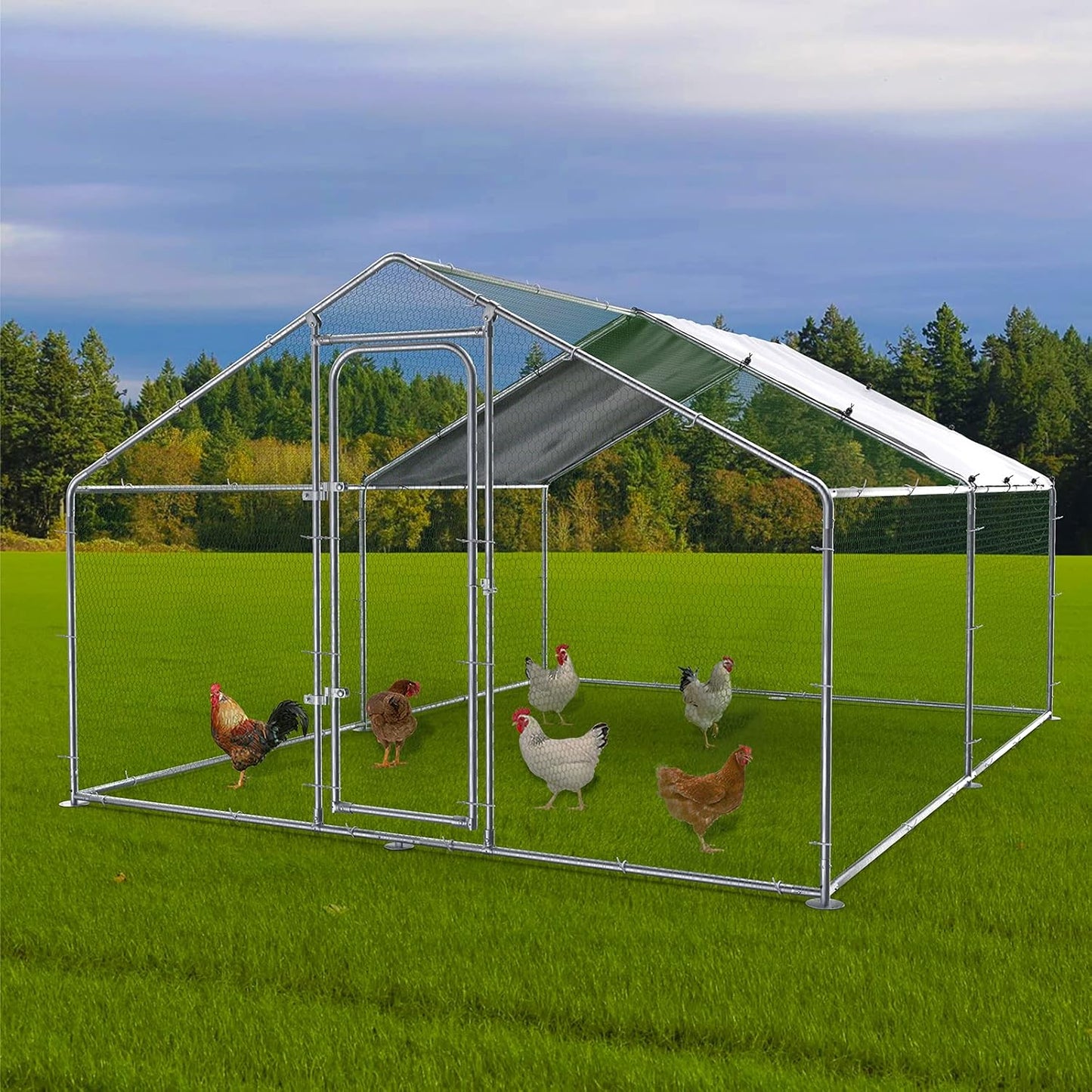 LEMBERI Metal Chicken Runs for Yard, Spire-roof Large Walk in Chicken coop cage for Outside,Galvanized Rabbits Duck Run and coops,Chicken Pen with Waterproof Cover for Outdoor,Backyard and Farm