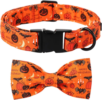 Lionet Paws Fall Halloween Dog Collar, Cute Bat Pumpkin Dog Collar for Large Dogs, Adjustable Cotton Orange Pet Collars for Large Dogs
