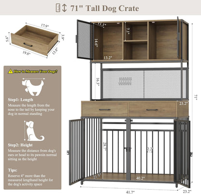 HITHOS 71" Tall Dog Crate Furniture, Indoor Dog Kennel with Hutch, 42" W Dog Cage for Large/Medium Dogs, Wood Dog Crates with 2 Storage Drawers, Heavy Duty Pet House, Rustic Brown
