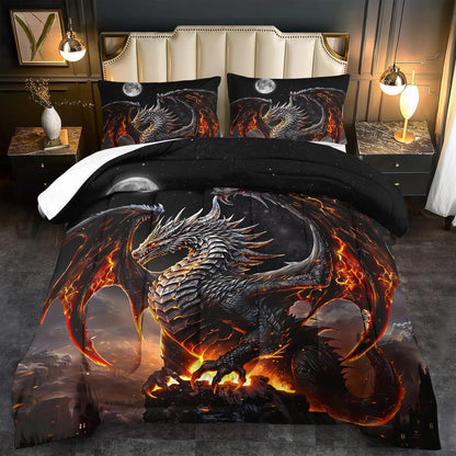 Black Dragon Comforter Set Full Adult,Flame Dragon Bedding Set for Boys,Magical Beast Bedding Fantasy Animal Comforter Beedroom Decor,Magical Beast Quilt Bed Decor