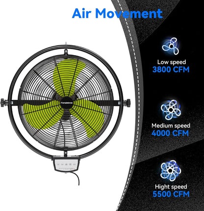 20 IN 5500 CFM Remote Control Wall Mount Fan, 3 Speed High Velocity Wall Fan with Timer, Oscillation & Tilting, Air Circulator for Garage, Commercial, Greenhouse, Warehouse & Gazebo Use, UL Listed