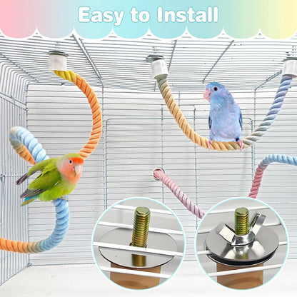 BNOSDM Bird Rope Perch with Stand Perch Toy Set Bendable Rope Perches Wooden Spinning Exercise Wheel Toy Parrot Cage Accessories for Parakeets, Conures, Lovebirds, Budgies, Cockatiels (Rainbow Color)