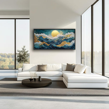 Framed Large Sun Mountain Wall Art, Oversized Teal and Golden Sun Wall Decor for Living Room, Abstract Landscape Canvas Painting Modern Artwork Home Decoration for Living Room Bedroom 60"x30"