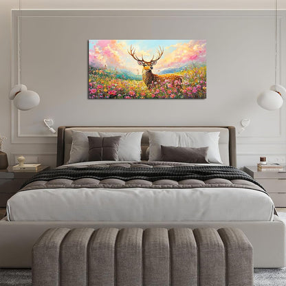 Deer Large Wall Art Wildflower Landscape Pictures Rustic Flowers Wall Decor Wild Animal Nature Canvas Print Painting Artwork for Bathroom Living Room Bedroom 30"x60"