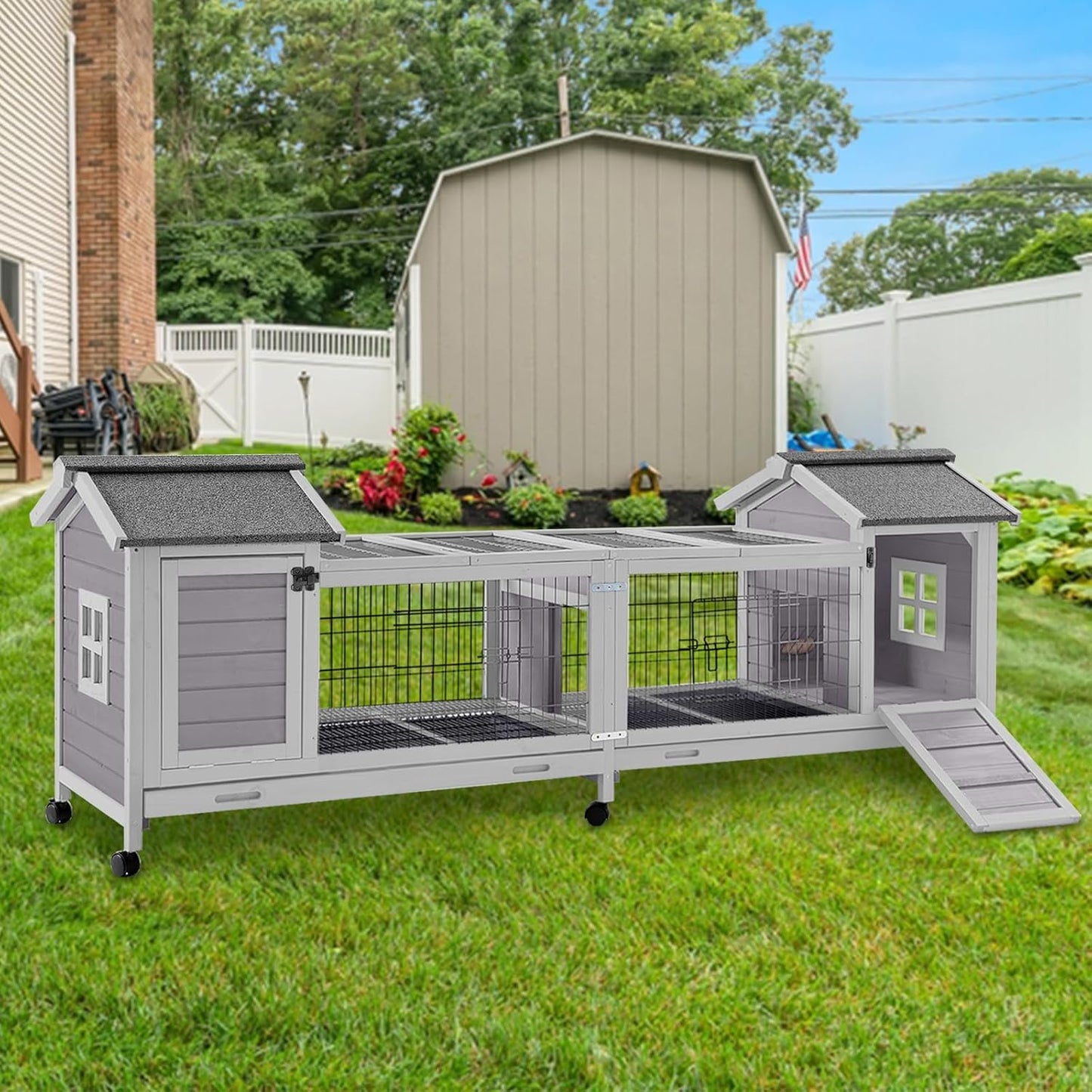 Wooden Rabbit Hutch with Wheels, Indoor Outdoor Bunny Cage with Removable Netting, Guinea Pig House with Leak-Proof Trays