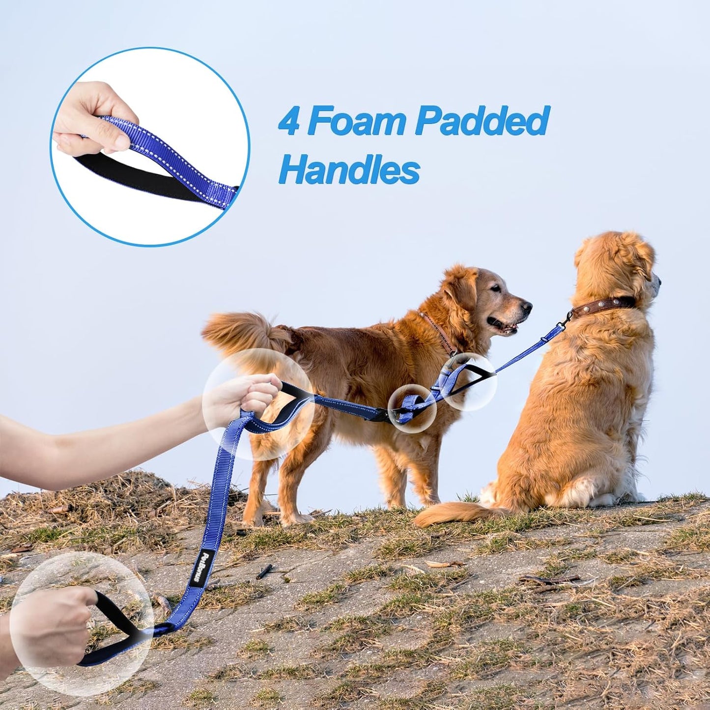 PetBonus Double Dog Leash, No Tangle Dual Leash, Reflective Walking Training Lead, 4 Comfortable Padded Handles for 2 Dogs with Collapsible Bowl and Waste Bags (Blue, Large)