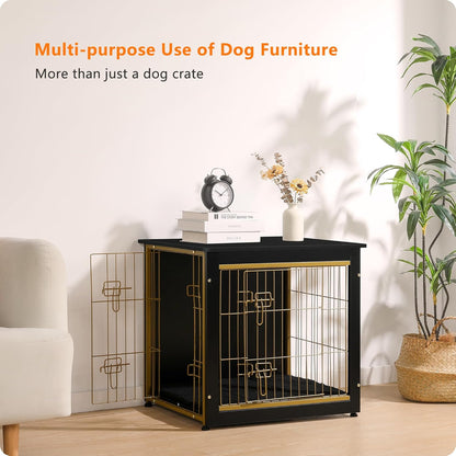 DWANTON Dog Crate Furniture with Cushion, Wooden Kennel Table with Double Doors, Indoor Dog House, Small/Medium/Large Size, 27.2" L, Black+Gold