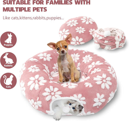Cat Tunnel for Indoor Cats, Cute Peekaboo Cat Cave with Dangling Balls, Pet Donut Tunnel Bed with Circle Mat for Puppy Kitten Rabbit, Pink