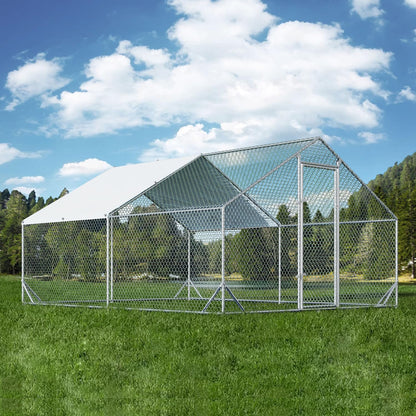 4ever2buy Large Metal Chicken Coop with Run Walk-in Poultry Cage Chicken Runs House Pen Cage Spire Roofed Chicken Coops with Anti-Ultraviolet Cover for Outdoor Yard Farm Use 9.8’L x 13.1’W x 6.4’H