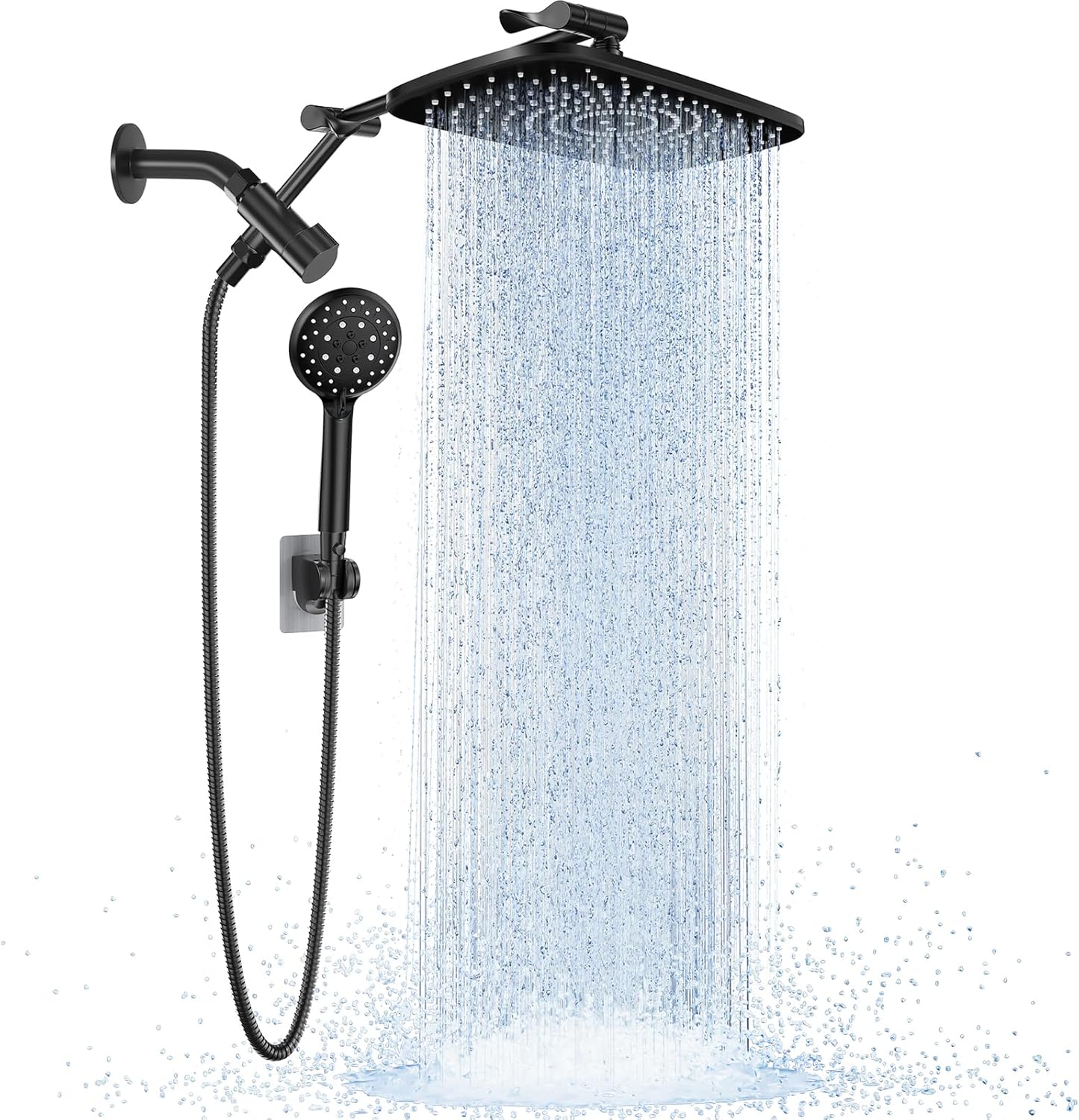 Veken Wide Rain Shower Head with 6 Modes Handheld Water Spray，High Pressure Showerhead Combo with Arm for Bathroom Accessories，Home Decor Adjustable Dual Shower with Anti-Clog Nozzles，Matte Black