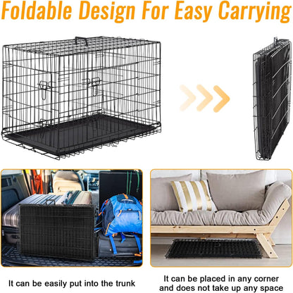 FDW Dog Crate for Medium Dogs 30 Inch Folding Metal WirePet Cage Double Door W/Divider Panel Indoor Outdoor Kennel Leak-Proof Plastic Tray,Black