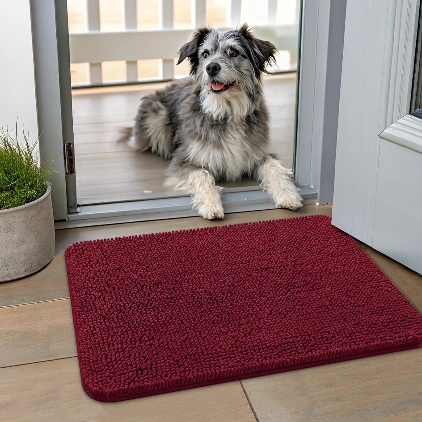 Smiry Dog Door Mat for Muddy Paws 24x16, Absorbs Moisture and Dirt Doormat, Non-Slip Washable Quick Dry Chenille Front Door Mat Indoor Entrance, Entryway Carpet for Inside Floor, Burgundy