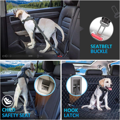 Dog Seat Belt 3-in-1 Car Harness for Dogs Adjustable Safety Seatbelt for Car Nylon Reflective Bungee Fabric Dog Car Harness with Clip Hook Latch & Buckle, Swivel Zinc Alloy Carabiner (Black)