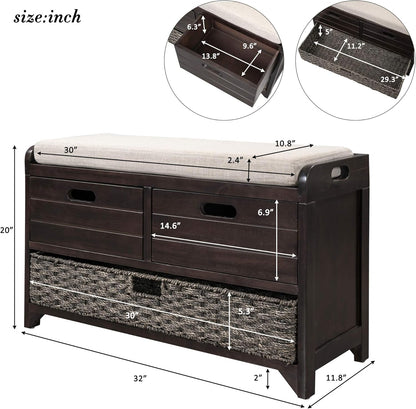 Storage Bench with Removable Basket 2 Drawers Fully Assembled Acacia Wood Shoe Bench Standing Shoe Rack Removable Cushion for Living Room, Entrance Hallway, No Assembly Required Espresso