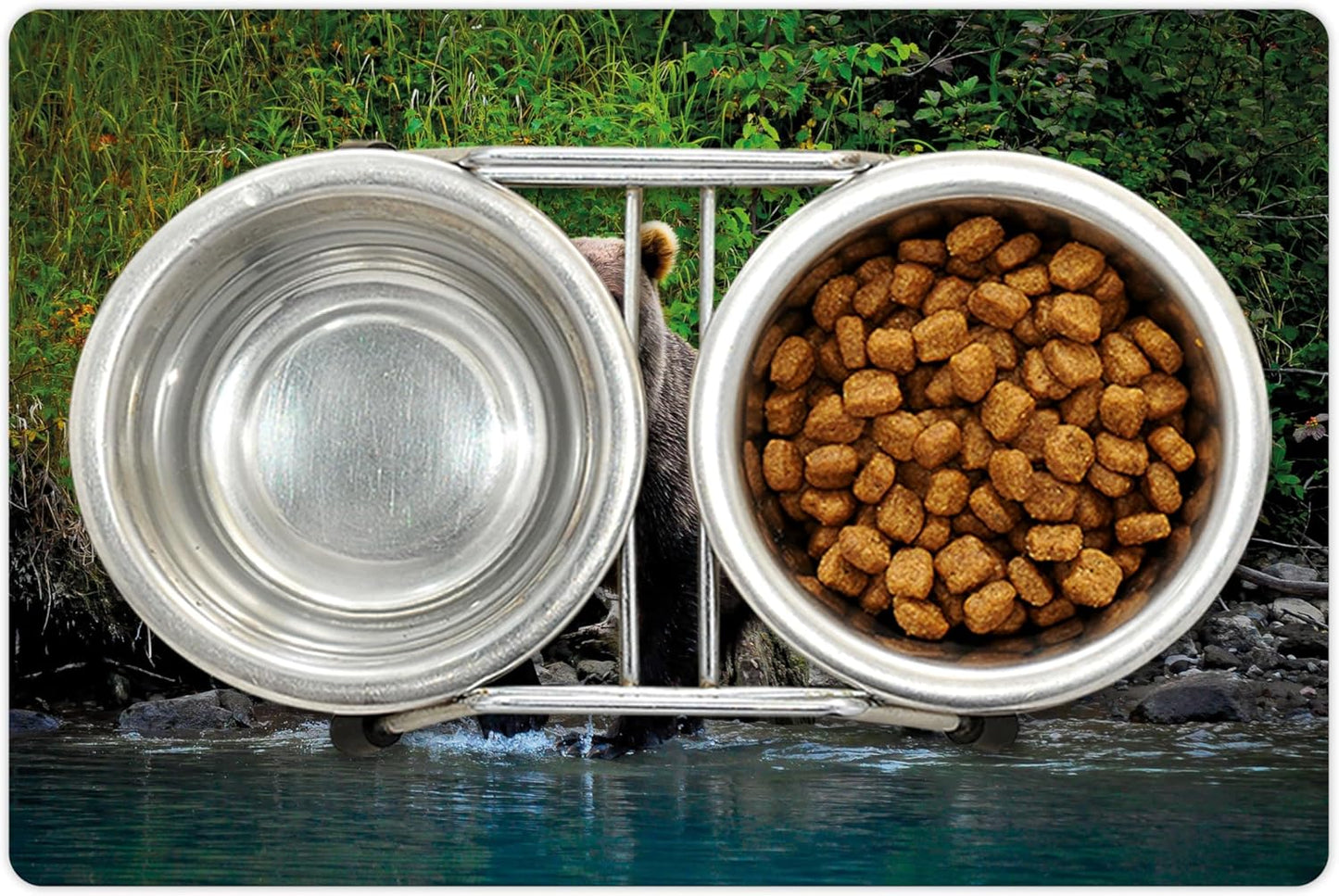 Lunarable Cabin Pet Mat for Food and Water, Grizzly Brown Bear in Lake Alaska Untouched Forest Jungle Wildlife Image, Non-Slip Rubber Mat for Dogs and Cats, 18" X 12", Brown Green