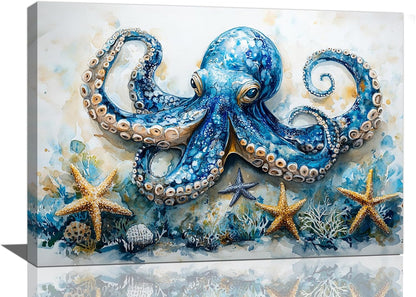 Octopus Bathroom Pictures Wall Art, Sea Animal Ocean Bathroom Wall Decor, Nautical Framed Painting Canvas Artwork for Bedroom Living Room Decorations 24"L x 16"W