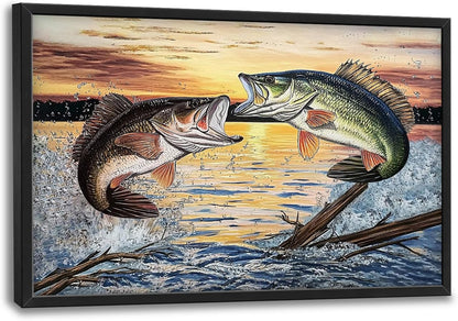 Large Fish Wall Art for Living Room, Framed Bass Fishing Wall Decor, Oversized Rustic Sunset Lake Canvas Painting Fish Pictures Modern Artwork Home Decoration for Living Room Bedroom Office 36"x24"