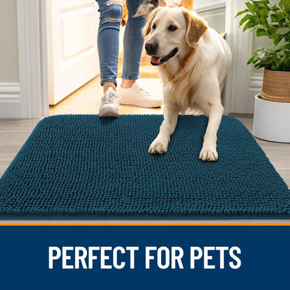 OLANLY Dog Door Mat for Muddy Paws 47x17, Absorbs Moisture and Dirt, Absorbent Non-Slip Washable Doormat, Quick Dry Chenille Mud Mat, Entry Indoor Entryway Carpet for Inside Floor, Atlantic Blue