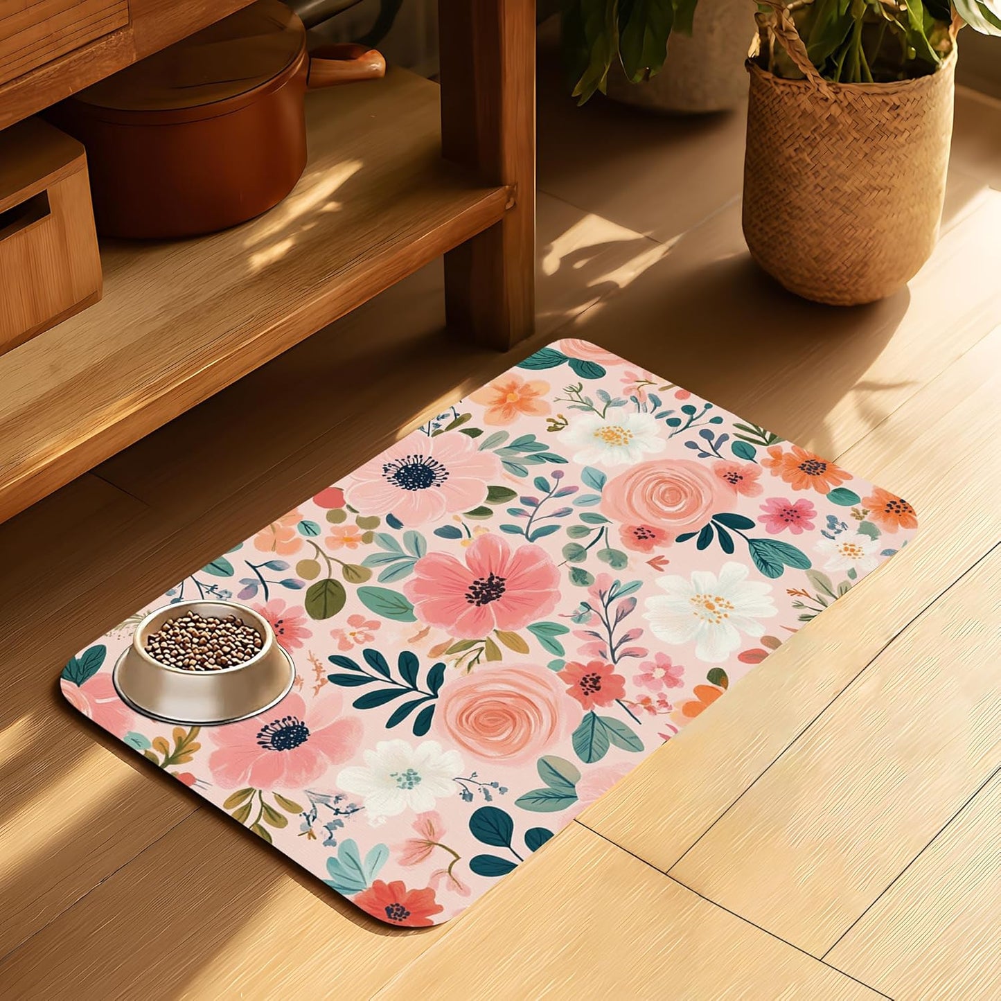 Boho Floral Pet Feeding Mat for Floors-Absorbent Dog Bowl Mat for Food and Water, Quick Dry Pet Cat Feeding Mats with Non Slip Bottom, Mess-Free Dog Accessories 12"x20"