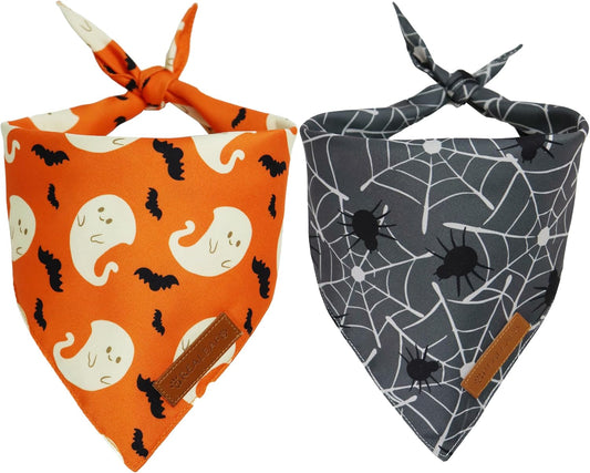 Realeaf Halloween Dog Bandanas 2 Pack, Spider Web Ghosts Bibs, Triangle Reversible Fall Pet Scarf