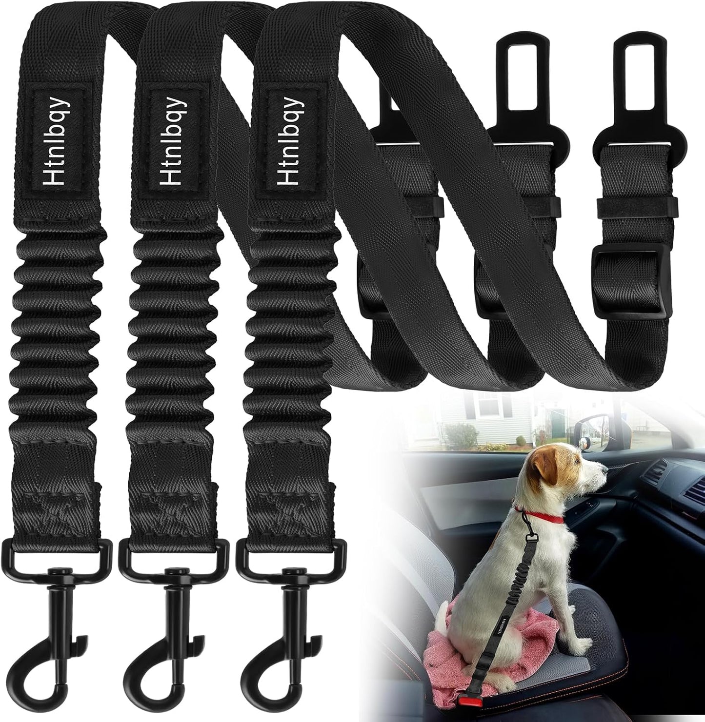 Thickened Dog Seat Belt for Car, 3 Pack Set Retractable Dog Car Leash Adjustable Dog Seat Belt for Vehicle Nylon Pet Safety Seat Belts Heavy Duty & Elastic,Seat Belt for Large Dogs in Car, Black