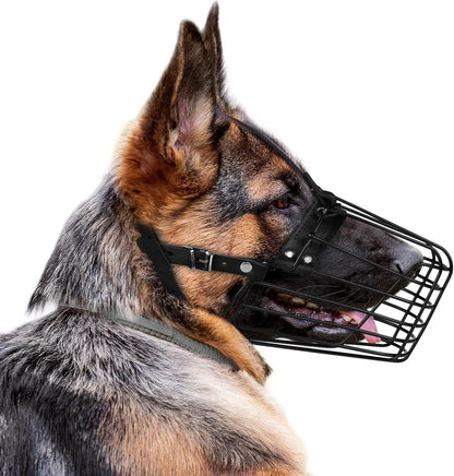German Shepherd Dog Muzzle Metal Basket for Medium Large Dogs Adjustable Durable Leather Straps Secure Wire Mask for Biting Chewing Barking (Black, M - Size)