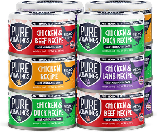 Chicken Recipe in Broth, Shredded Wet Cat Food, Variety Flavor Pack: Chicken, Lamb, Duck, Beef; Grain-Free Protein, Non-GMO