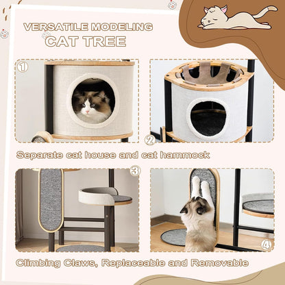 Cat Tree, 66In Cat Tower with Scratching Post, Tall Multi-Level Cat Houses for Indoor Cats Large Adult, Cute Cat Post Cat Condos with Dangling Ball,Plush Platform, Hammock, Big Cats Climbing Tower