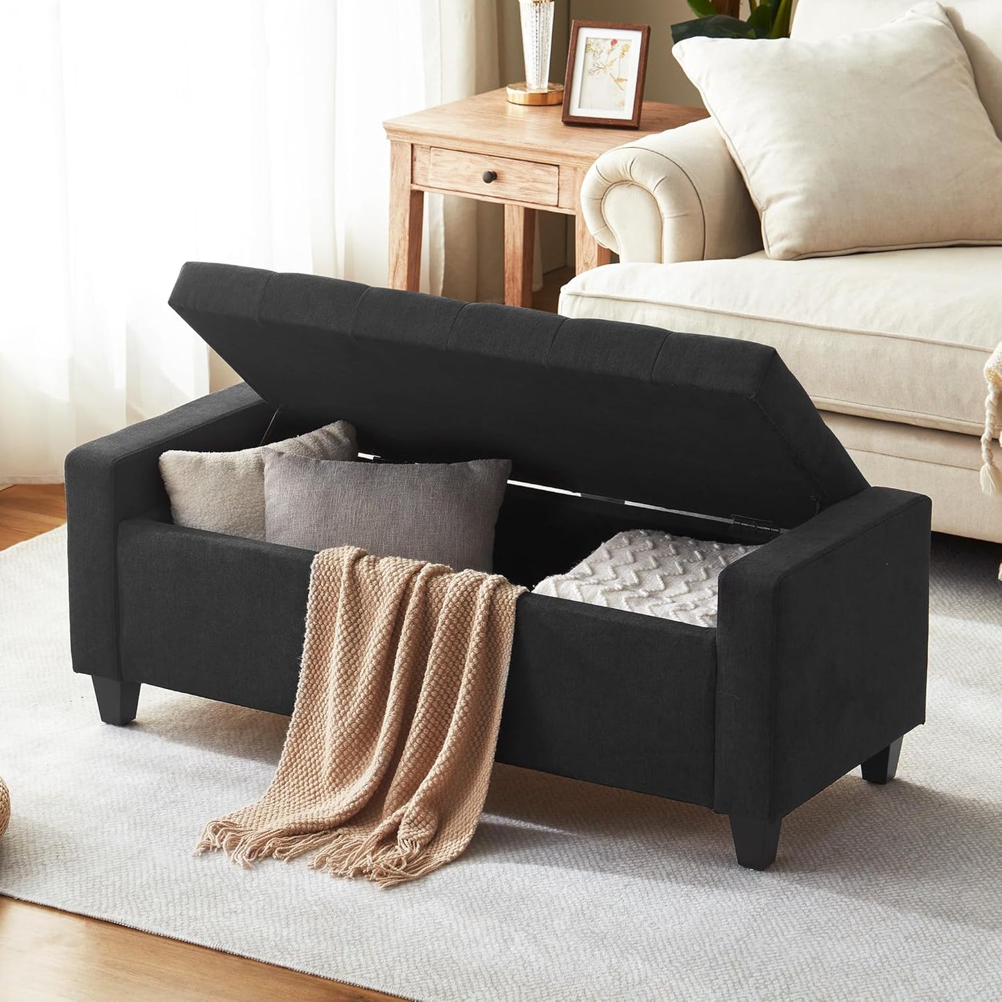 Ottoman with Storage, 48.8" Fabric Storage Ottoman Bench with Hinge, Bedroom Bench, Upholstered Benches with Seating for Living Room, Entryway (Dark Grey)