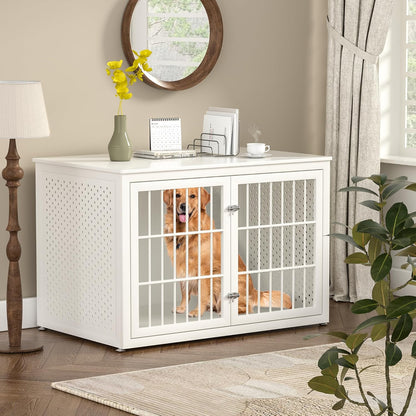 48" Heavy Duty Dog Crate Furniture for Large Dogs, Metal Cage for High Anxiety Dogs, Wooden Kennel Furniture Indoor, Decorative Dog Kennel End Table, XL,White