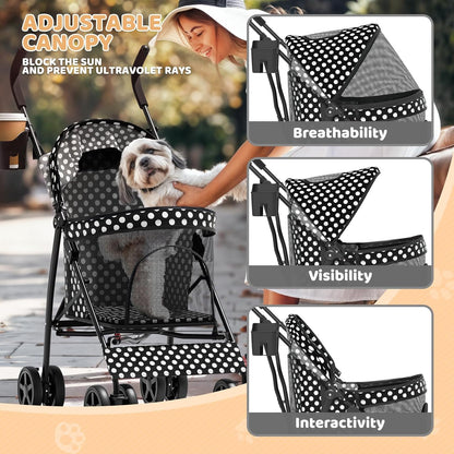Magshion Compact Pet Stroller for Small-Medium Dogs/Cats up to 22lbs, 4-Wheel Lightweight Umbrella Shaped Portable Puppy Travel Jogger with Breathable Mesh, Cup Holder & Rear Storage, Black Polka Dots