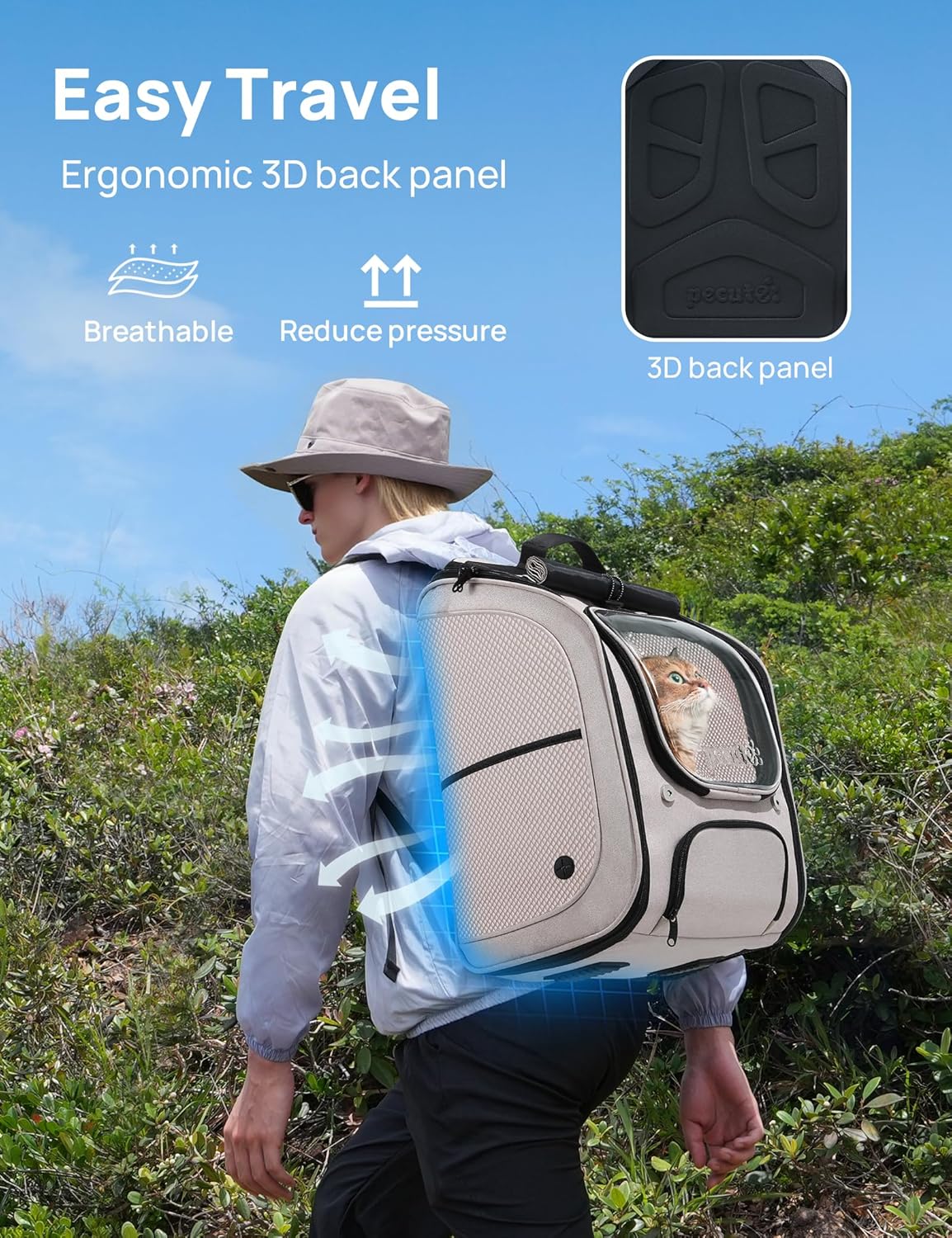 Pecute Cat Backpack Carrier, Large Space Cat Bubble Backpack, Breathable Cat Carrier, Shaded Dog Backpack Carrier, Ergonomic 3D Design for Travel, Hiking, Suitable for Shopping, and Vet, Khaki