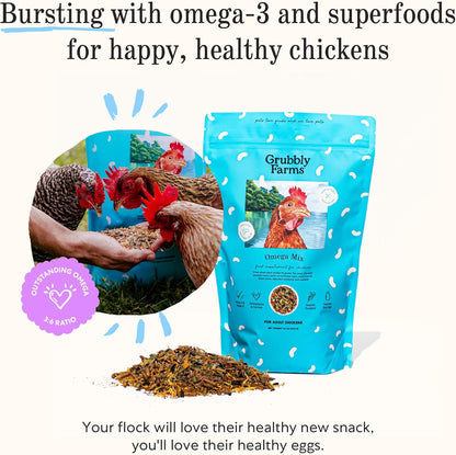 Grubbly Farms Omega Mix Chicken Treats for Laying Hens - Superfood and Omega-Rich Chicken Feed Supplement to Support Egg Production, Strong Eggshells and Nutritious Yolks - 1LB