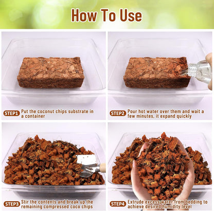 Riare 6 Pack Natural Coconut Chip Substrate for Reptiles- Compressed Coconut Husk Reptiles Bedding, Coco Husk Chip Terrarium Substrate for Snakes, Tortoises, Ball Python, Frogs, Bearded Dragon, Lizard