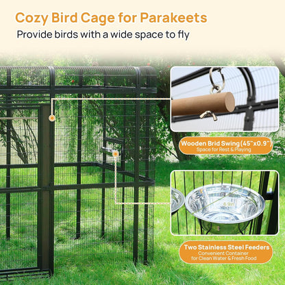 Large Bird Cage for Parakeets Outdoor Bird Aviary Parrot Cage with Perch, Walk-in Heavy Duty Birdcage for Macaws Canaries Parrots Budgie Lovebirds, Black