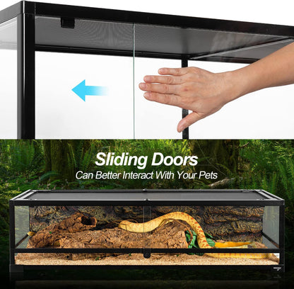 Large Reptile Tank 45 Gallon, 360°Full Vision Glass 48“ Long & 12” Low Reptile Terrarium with Top Mesh Lid for Tortoise Snake Ball Python