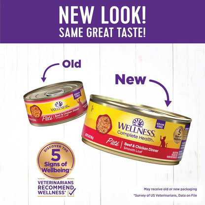 Wellness Complete Health Pate Adult Wet Cat Food, Natural, Protein-Rich, Grain Free, 5.5 Ounce, 24 Pack, (Beef & Chicken)