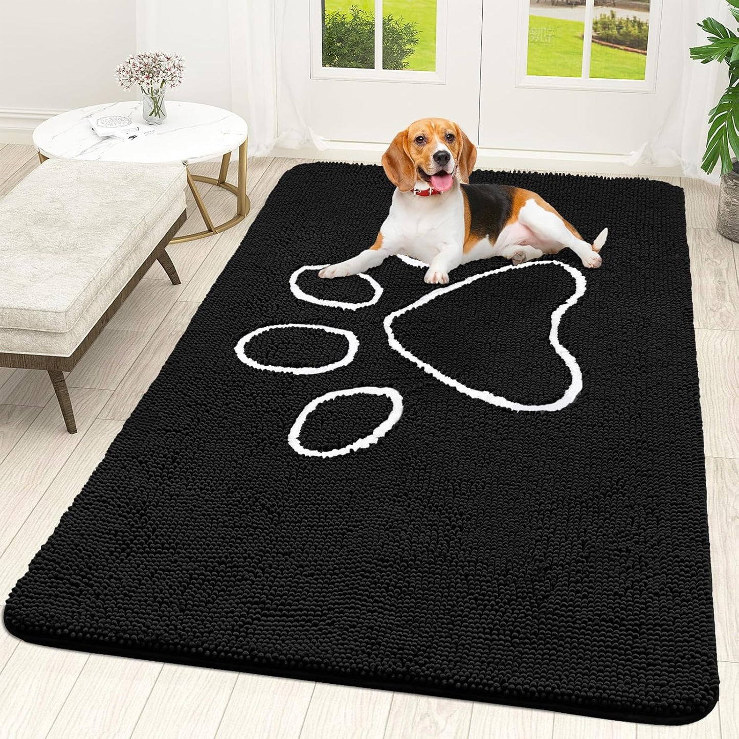 OLANLY Door Mat for Muddy Dog Paws 70x46, Ultra Absorbent Chenille Mud Doormat with Paw Print Design, Non-Slip Washable Doormat for Indoor Entryway, Quick-Dry Pet Bed Mats for Dirty Dogs, Black