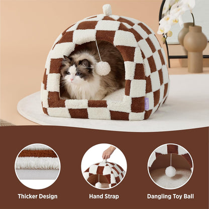 Lesure Cute Cat Beds for Indoor Cats - 2 in 1 Cat Cave Bed for Large Cats, House with Removable Washable Cushioned Pillow, Cozy Tent House with Non-Slip Bottom, Brown, 17.3 inches