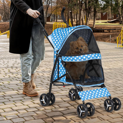 Magshion Compact Pet Stroller for Small-Medium Dogs/Cats up to 22lbs, 4-Wheel Lightweight Umbrella Shaped Portable Puppy Travel Jogger with Breathable Mesh & Rear Storage, Sky Blue Polka Dots