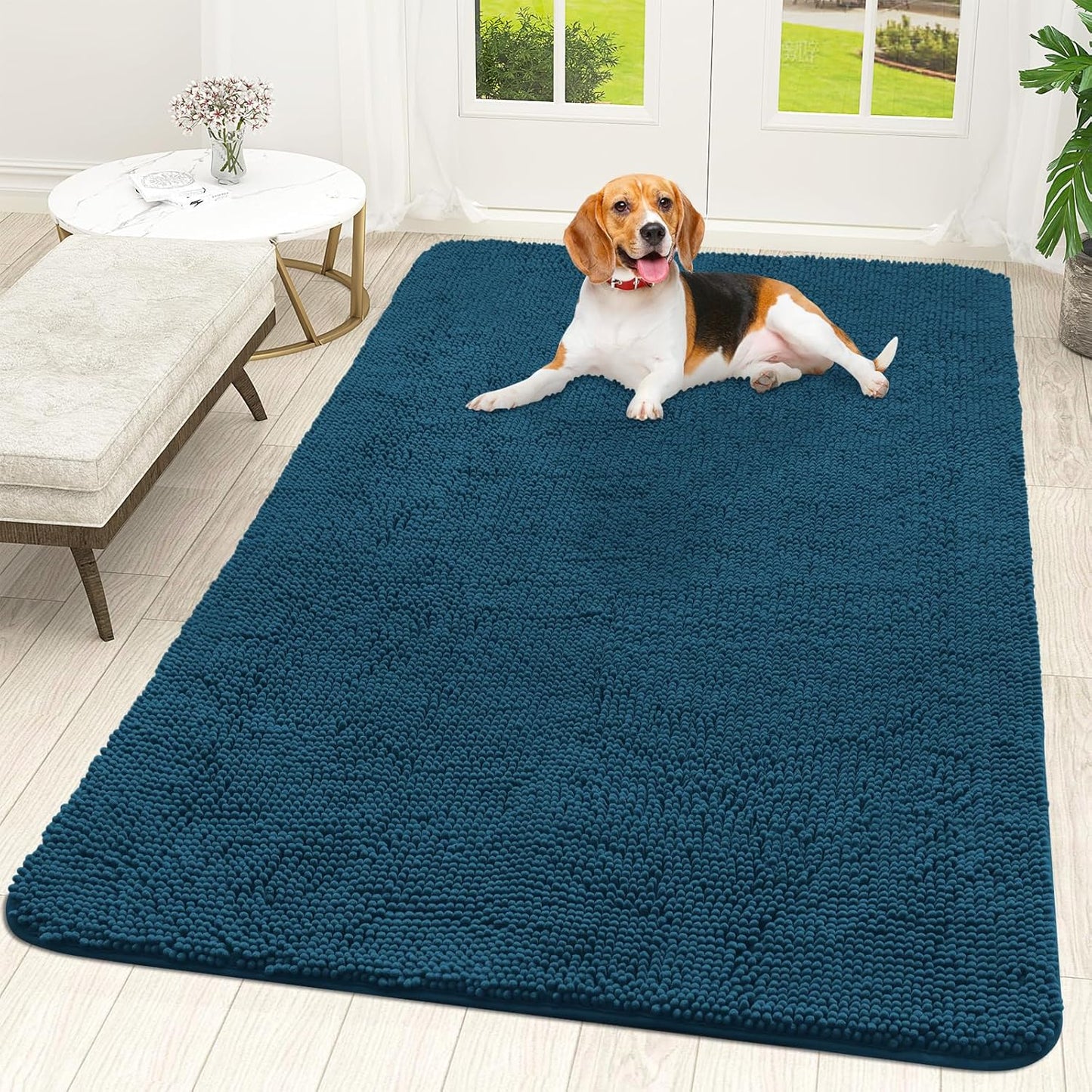 OLANLY Dog Door Mat for Muddy Paws 59x35, Absorbs Moisture and Dirt, Absorbent Non-Slip Washable Doormat, Quick Dry Chenille Mud Mat, Entry Indoor Entryway Carpet for Inside Floor, Atlantic Blue