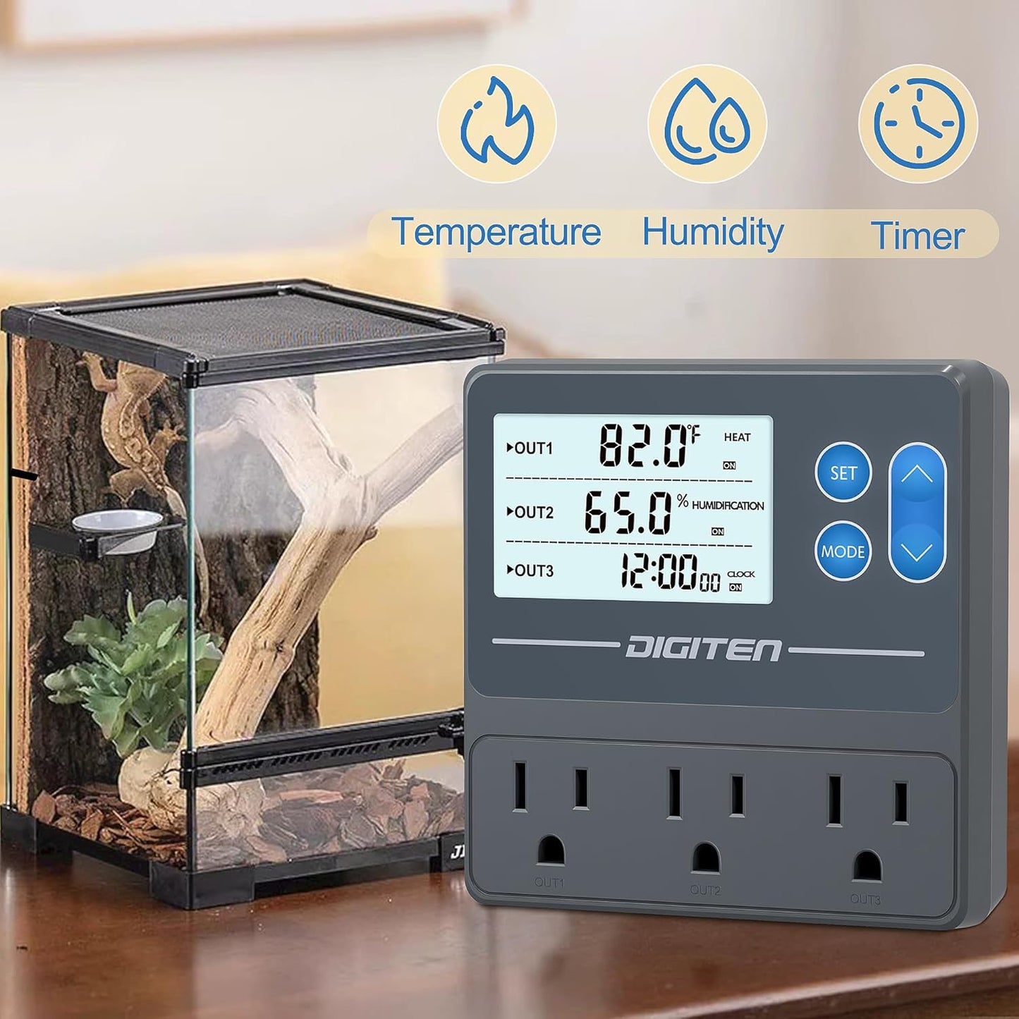 Digital Temperature Humidity Controller Pre-Wired Outlets for Mushroom, Reptile, Heating/Cooling On Outlet 1, Humidifier/Dehumidifier On Outlet2, Timer On Outlet 3