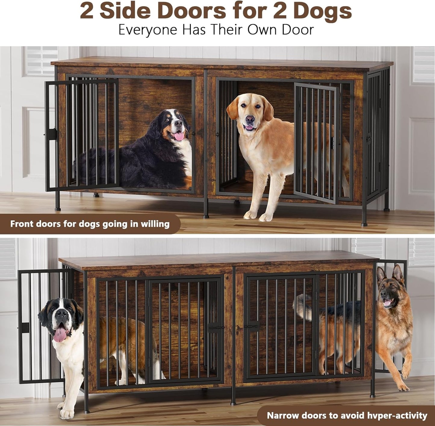 EasyCom 78 Inch Dog Crate Furniture for 2 Dogs, Extra Large Double Dog Cage Large Breed, XXL Thick Wooden Dog Crate TV Stand, Sturdy Dog Kennel with Divider