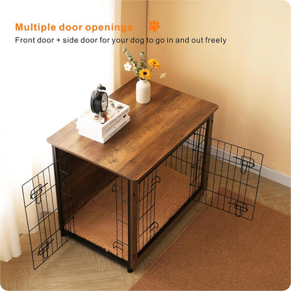 DWANTON Dog Crate Furniture with Cushion, Wooden Kennel Table with Double Doors, Indoor Dog House, Medium Size, 32.5" L, Warm Brown