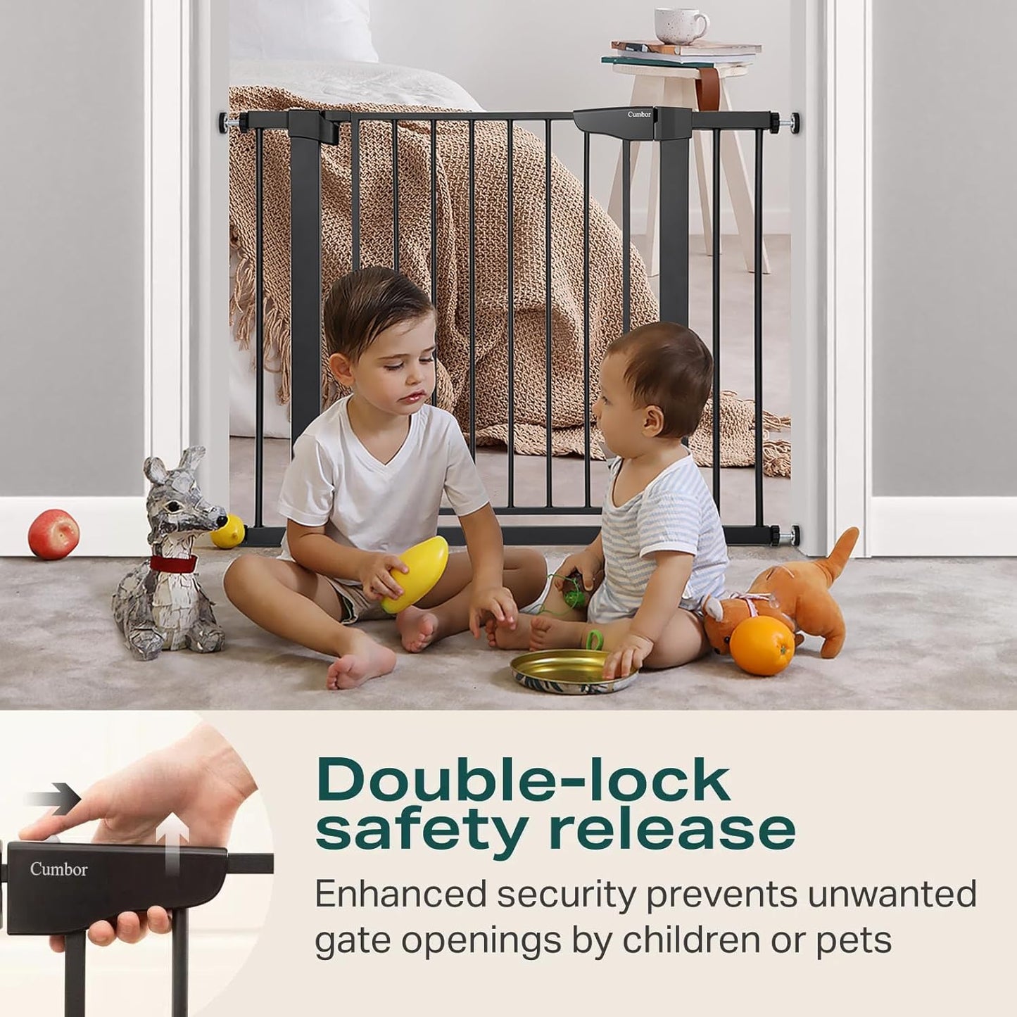 Cumbor 29.7-40.6" Baby Gate for Stairs, Baby Essential Safety Gate, Mom's Choice Awards Winner-Dog Gate for Doorways, Pressure Mounted Auto-Close Pet Gates for Dogs Indoor, Durable Child Gate, Black