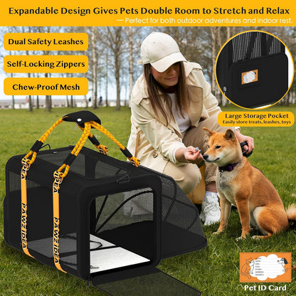 PAWZIDEA Expandable Large Pet Carrier, 24"X16"X16" Cat Carrier for 2 Cats, Collapsible Dog Travel Crate for Small Medium Dog Up 55lbs, Soft-Sided Secure Car Seat, XL Storage Pocket, ID Card, Chewproof