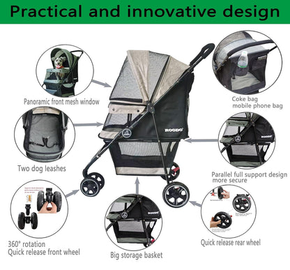 ROODO 3 Wheel Dog Pet Cat Stroller Best Lightweight Foldable Compact Portable Jogger All Terrain Travel Pet Gear Puppy Kitty Stroller for up to 30lbs Medium Small Dogs and Cats(Light Khaki)