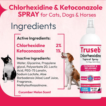 Truseb Topical Ketoconazole and Chlorhexidine Spray for Dogs, Cats, and Horses with Aloe - 8 oz (Ketoconazole & Chlorhexidine Spray, 8 oz)