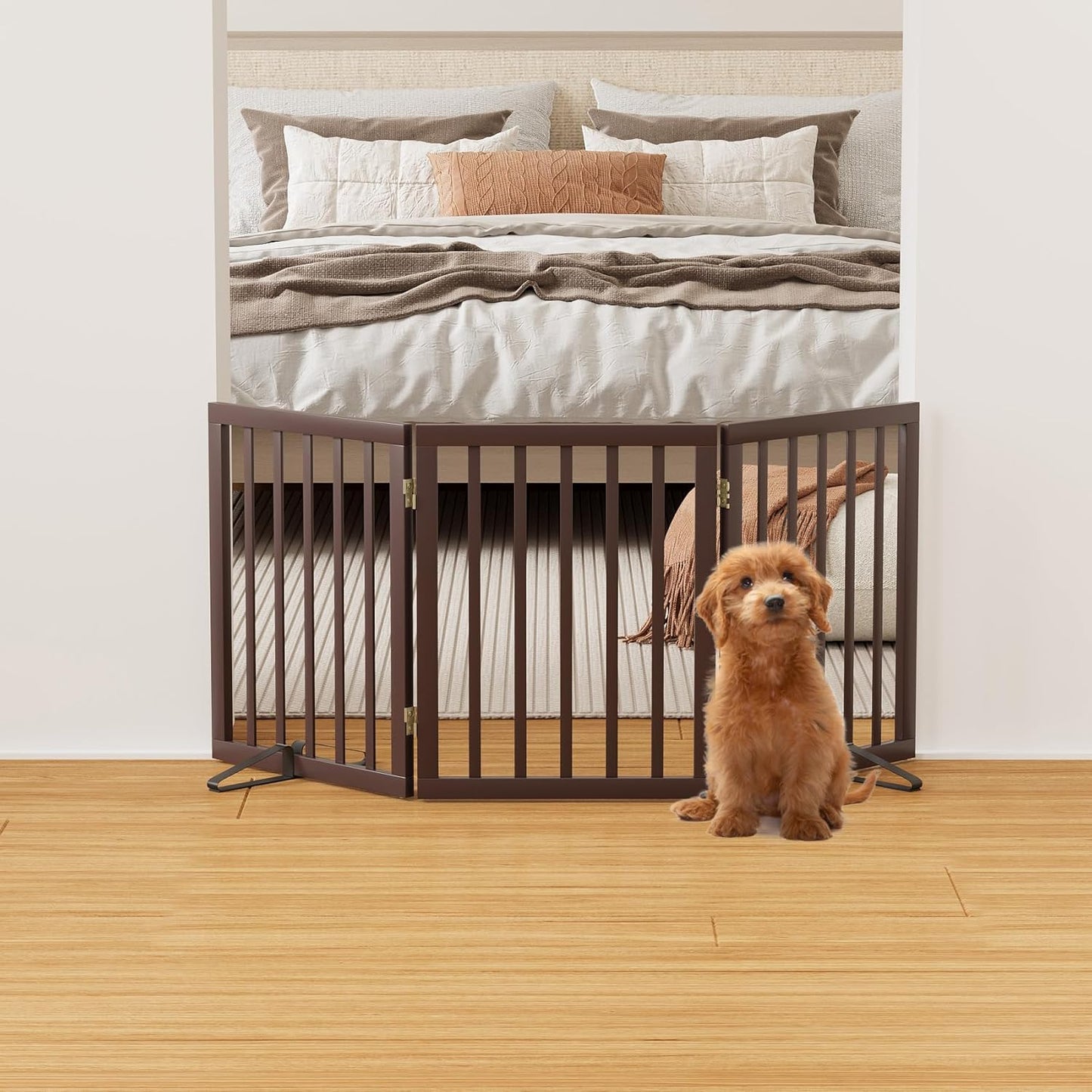 Brown 18-55" Wide Dog Gate, Bamboo Freestanding Pet Gates for Dogs, Puppy Fence