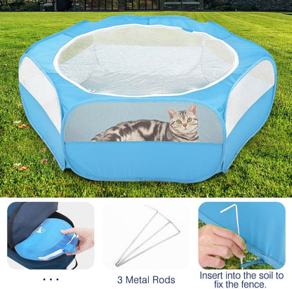 Pawaboo Small Animals Playpen, Waterproof Small Pet Cage Tent with Zippered Cover, Portable Outdoor Yard Fence with 3 Metal Rod for Chick/Kitten/Puppy/Guinea Pig/Rabbits/Hamster/Chinchillas,Light Blue